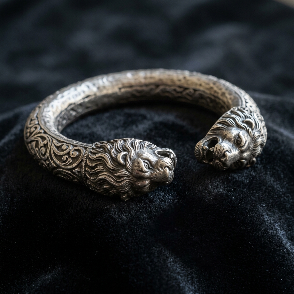 Antique Lion Faced Silver Kada